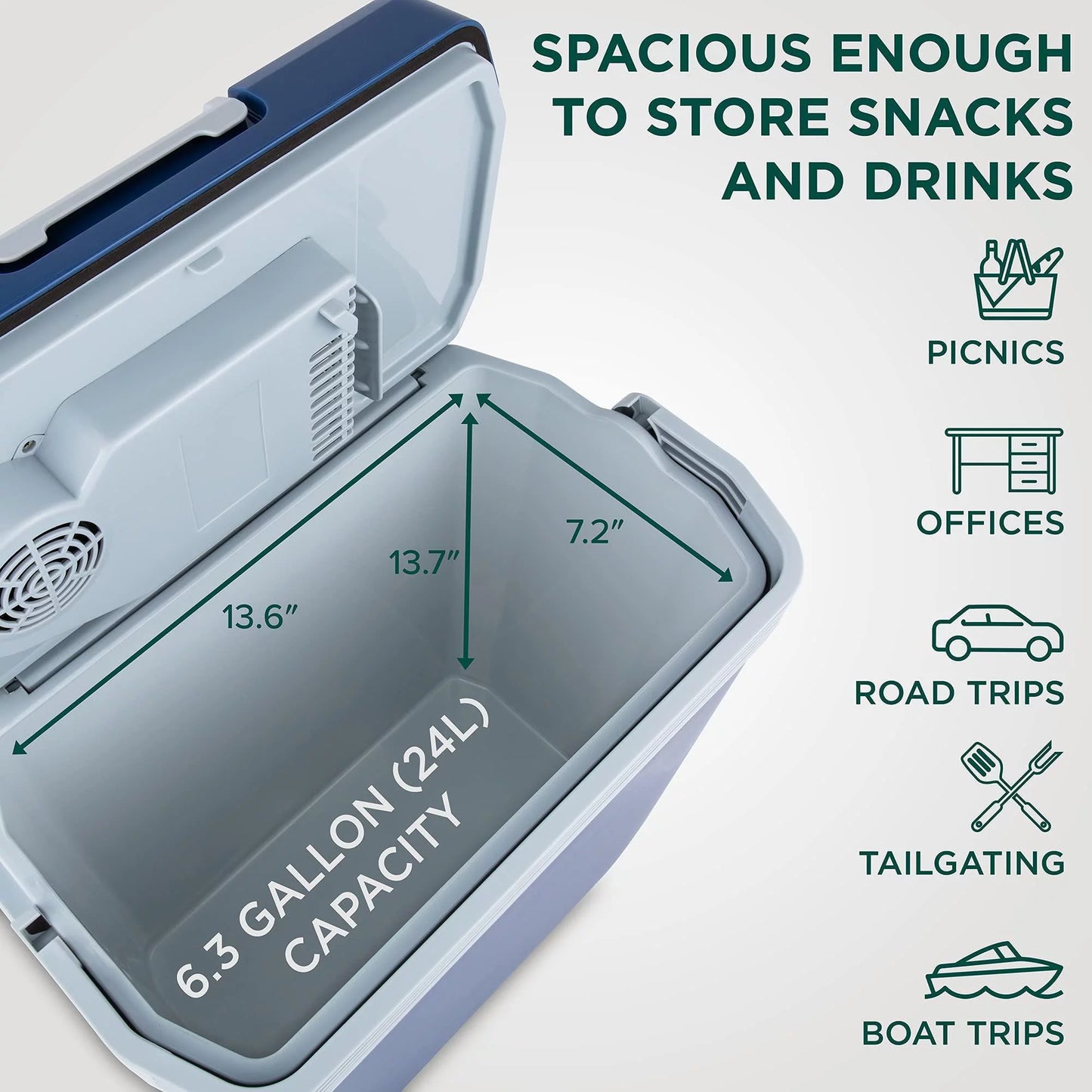 24L Portable Thermoelectric Cooler & Warmer, 12V Plug-In, 40°-130°F Temp Range, Soda Capacity (Blue)